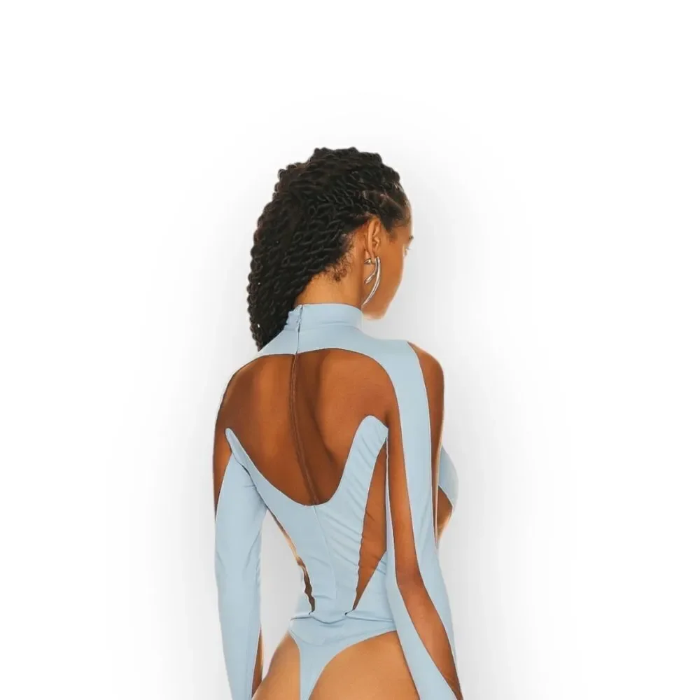 Mugler Illusion Cutout Bodysuit –‎ Light Blue Mesh, Size 8 | NWT